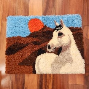 Vintage Horse Latch Hooked Wall Hanging Rug